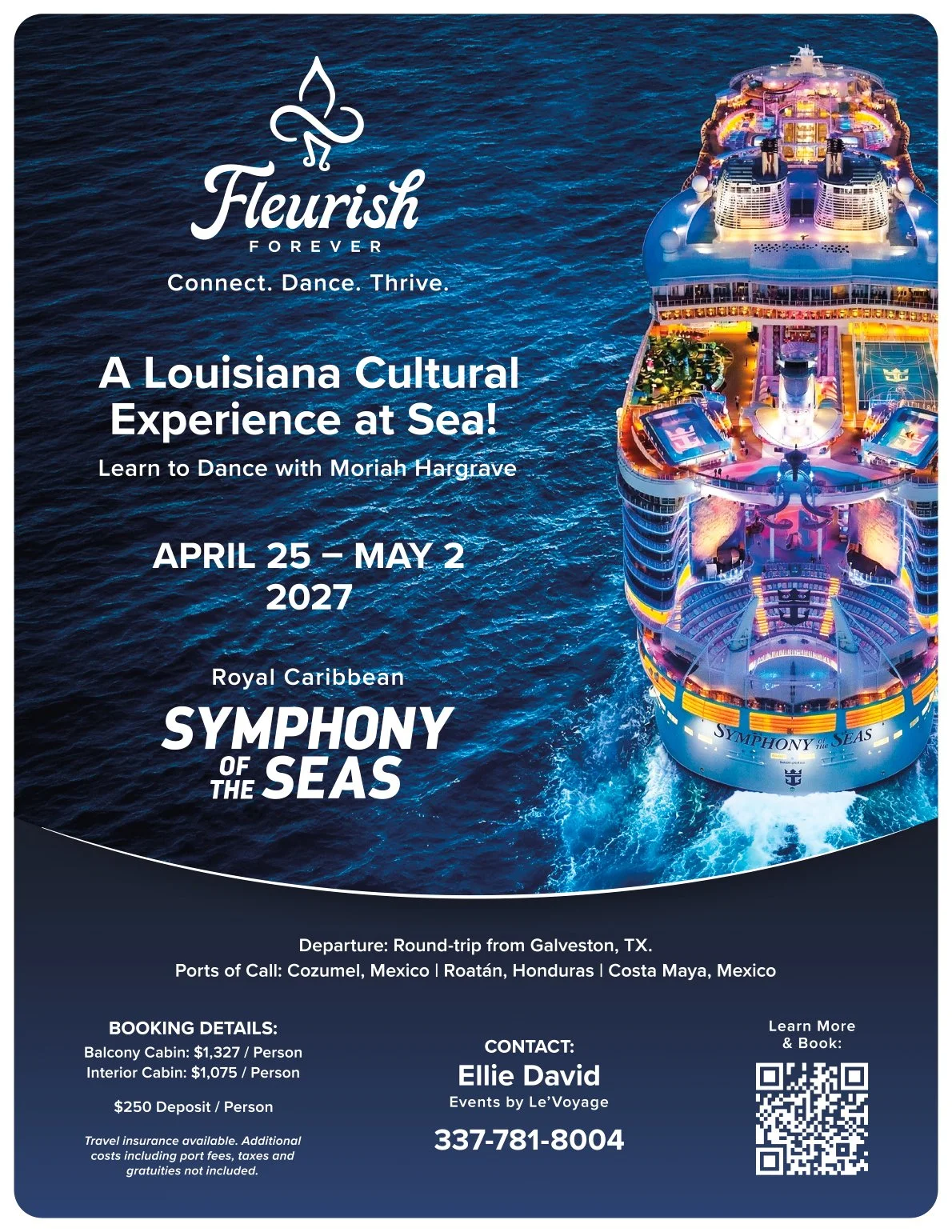 A cruise ship on the sea with colorful lights, advertising a Louisiana cultural experience and dance event called Symphony of the Seas from April 25 to May 2, 2027, departing from Galveston, Texas.