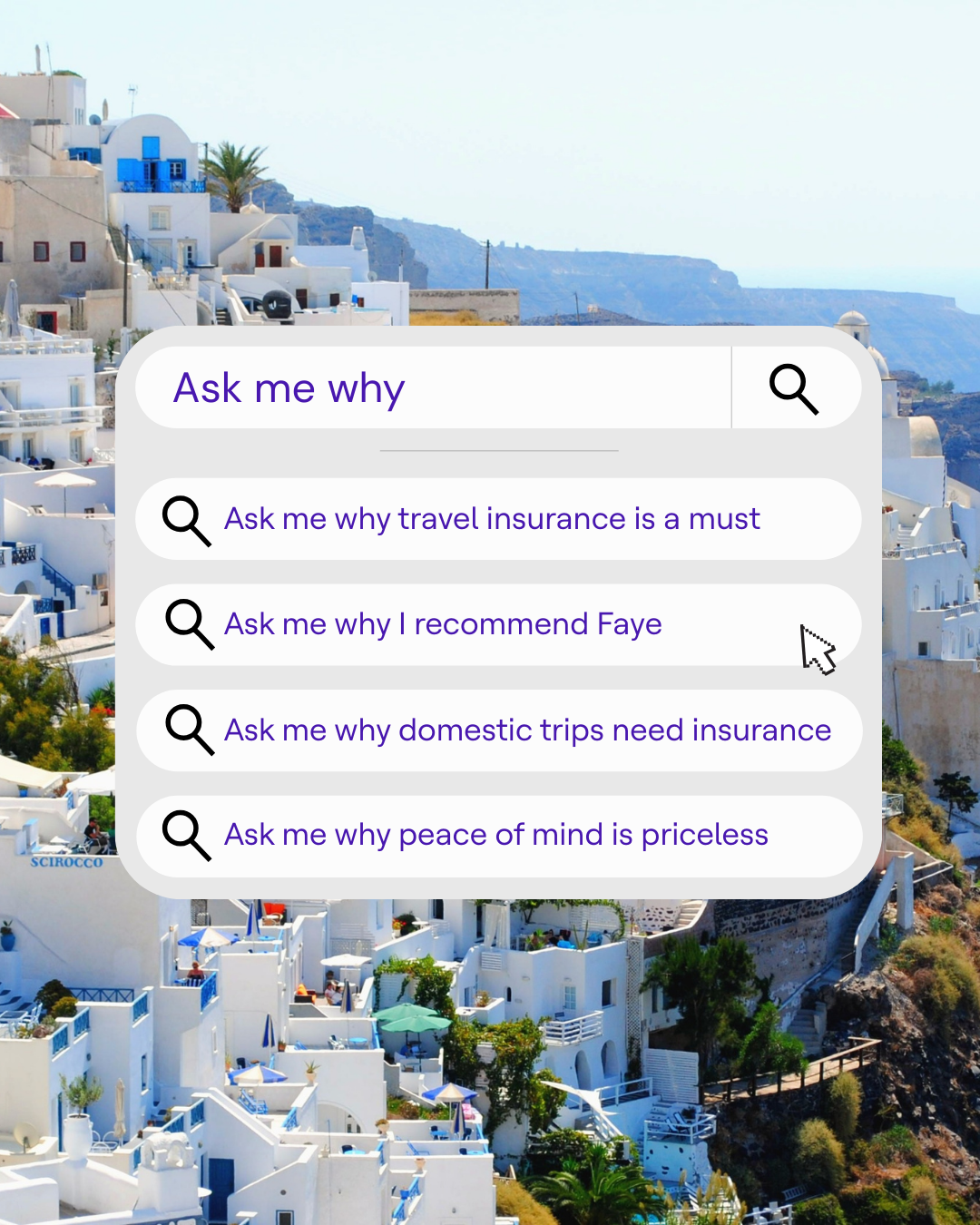 A digital search interface superimposed over a scenic coastal village with white buildings and blue accents, likely Santorini, Greece.