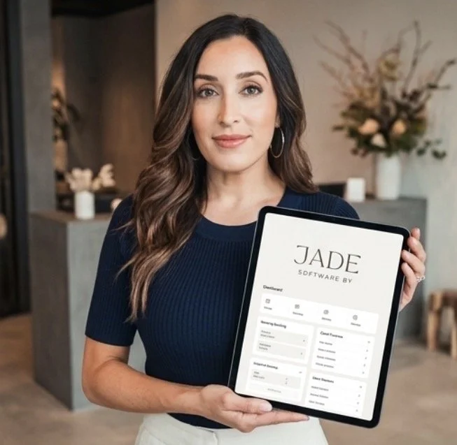 Woman with long wavy brown hair, wearing a navy blue top and hoop earrings, holding a digital tablet displaying a software interface titled 'JADE SOFTWARE BY' in a well-lit, modern interior with flower arrangements in the background.