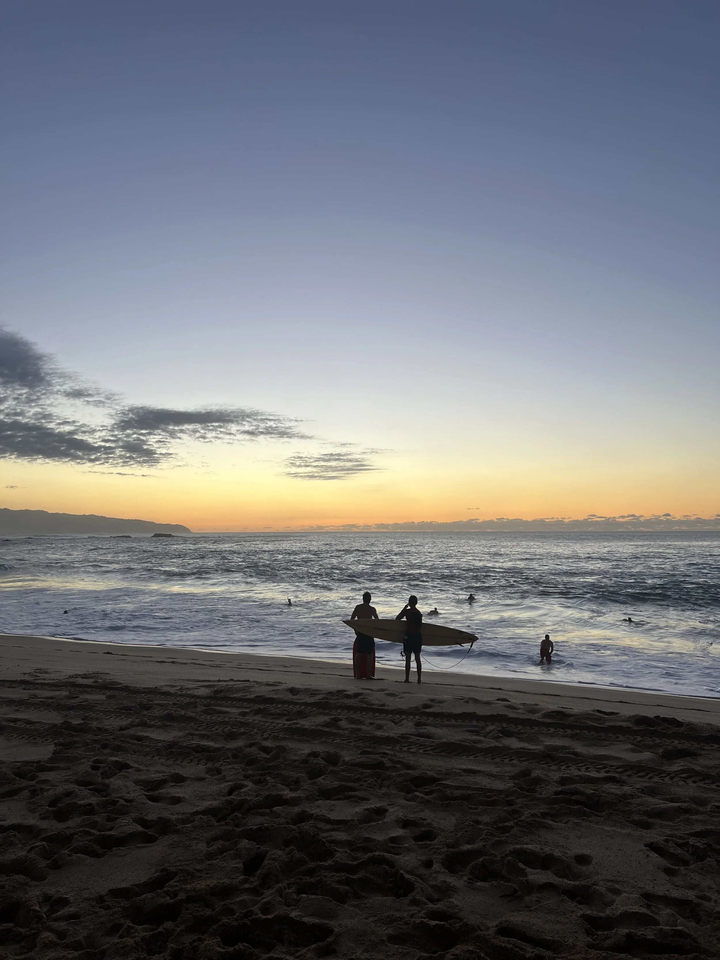 The ocean at dawn with several surfers in view.