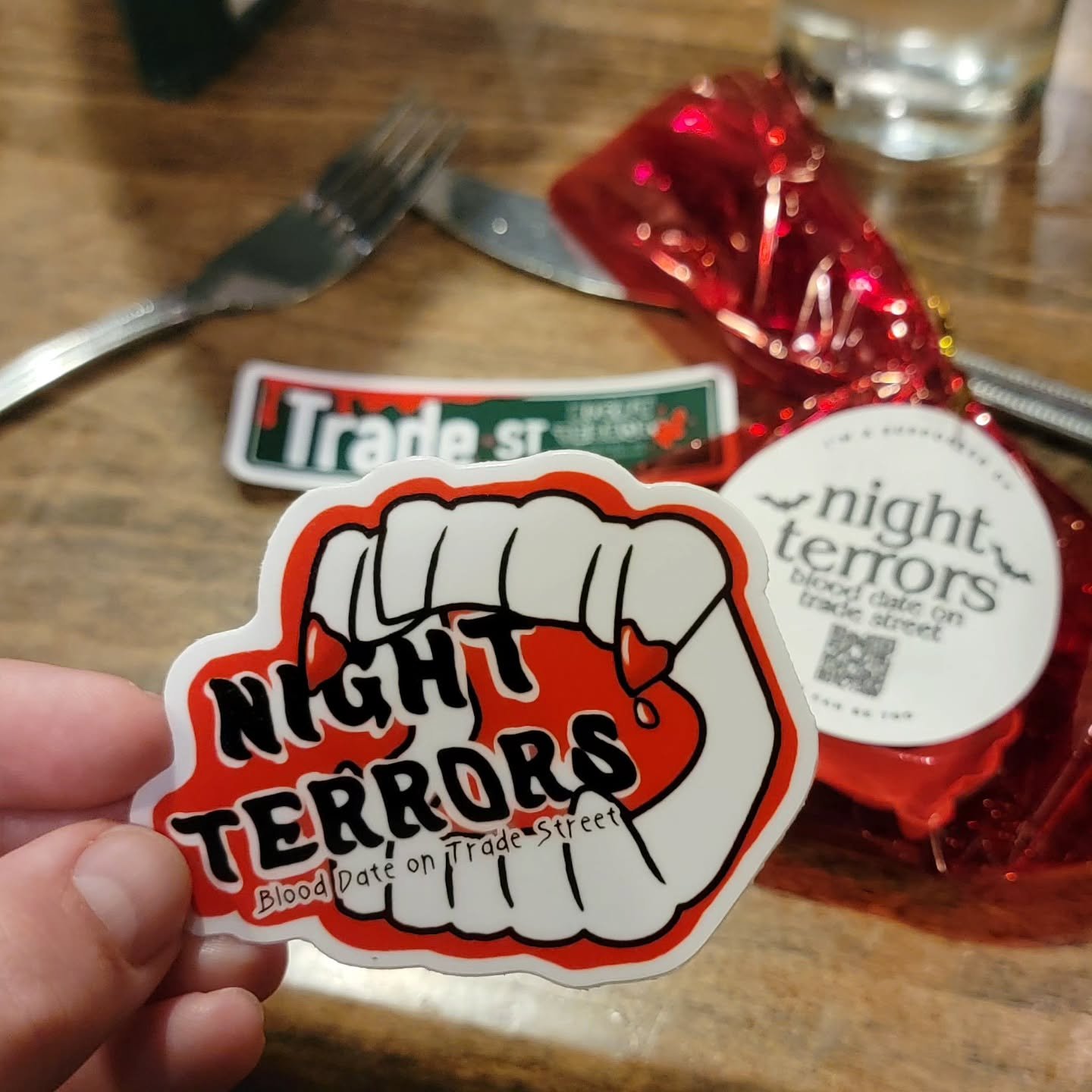 Night Terrors: Blood Date on Trade Street stickers by yours truly for @calicobonnetproductions . We were at filming last night until close to midnight acting as background patrons at @finneganswakepub . We had a blast!

Did you know Carissa, Chad &am