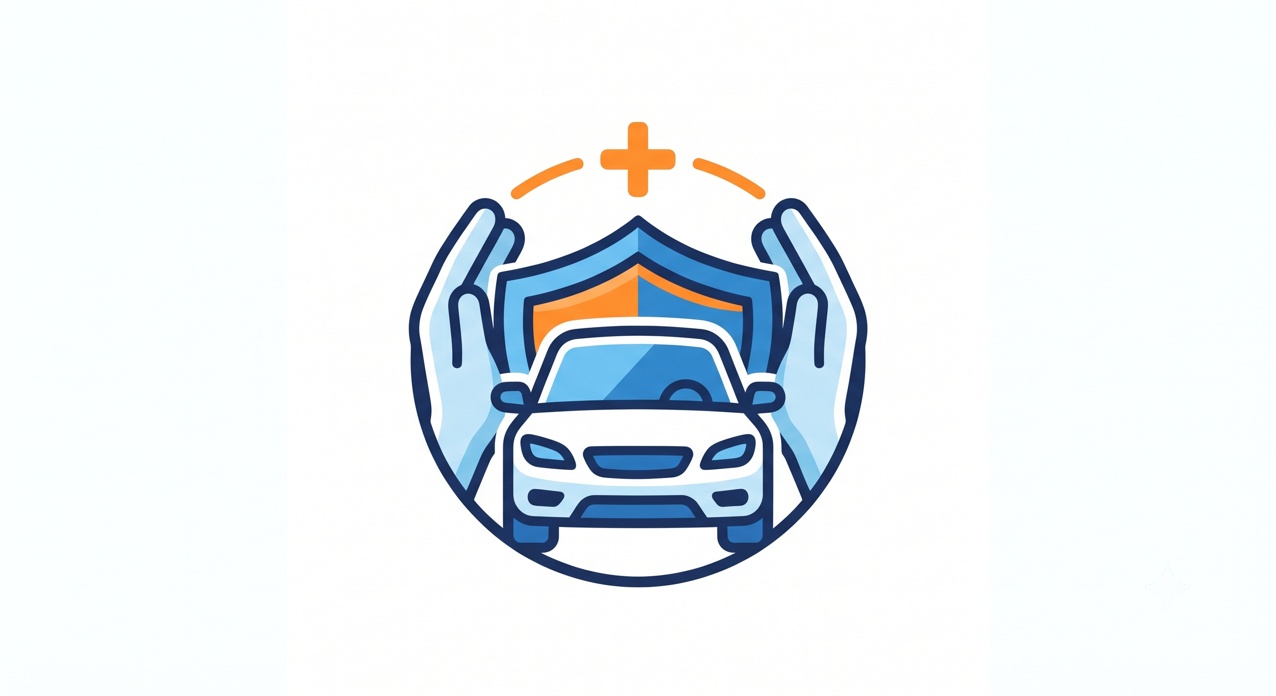 Illustration of hands holding a shield and a medical cross above a car, symbolizing safety, health, and auto insurance.