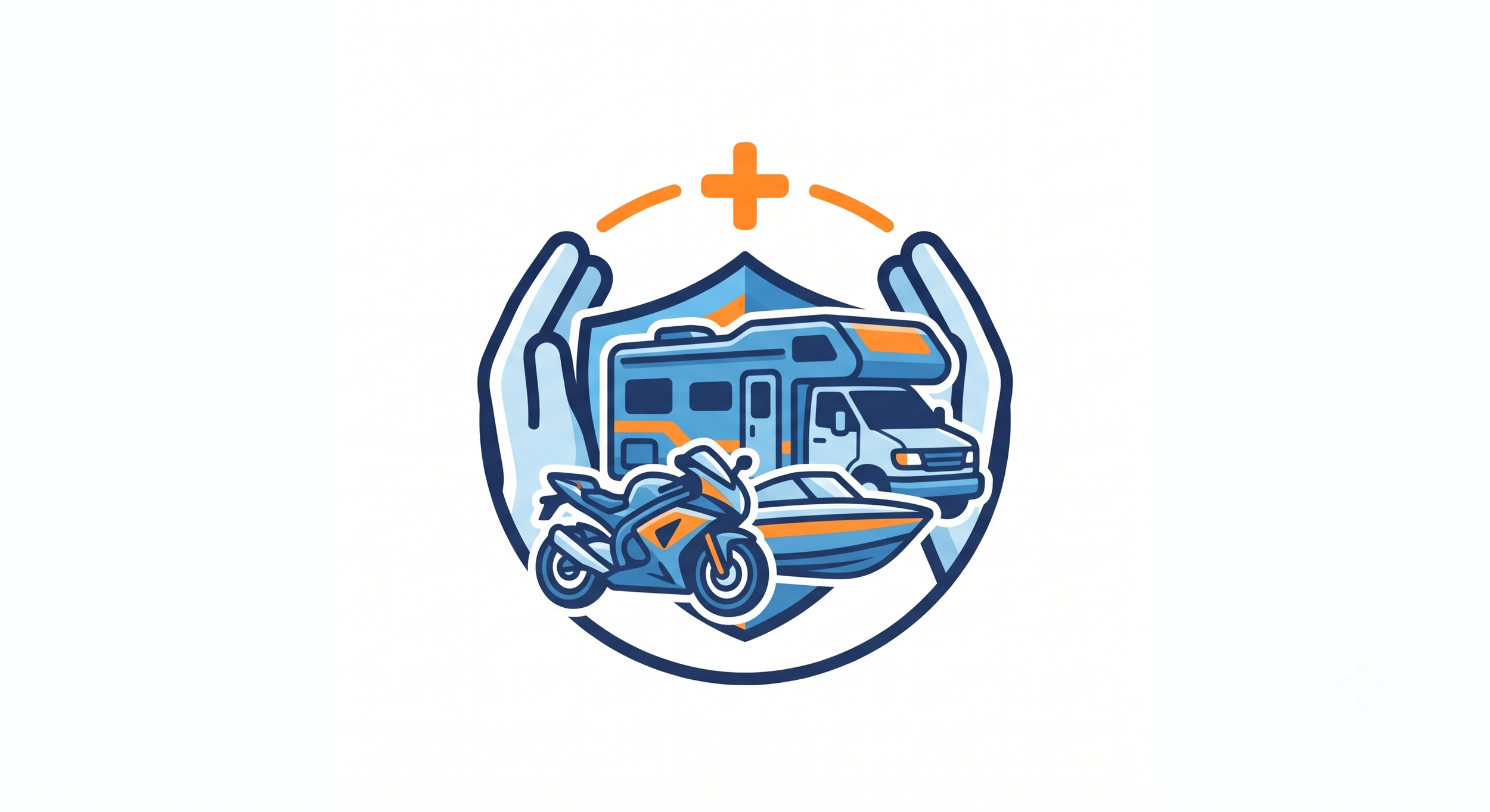 An illustration featuring hands, a medical cross, a house, an ambulance, a motorcycle, and a boat, symbolizing emergency response and aid.