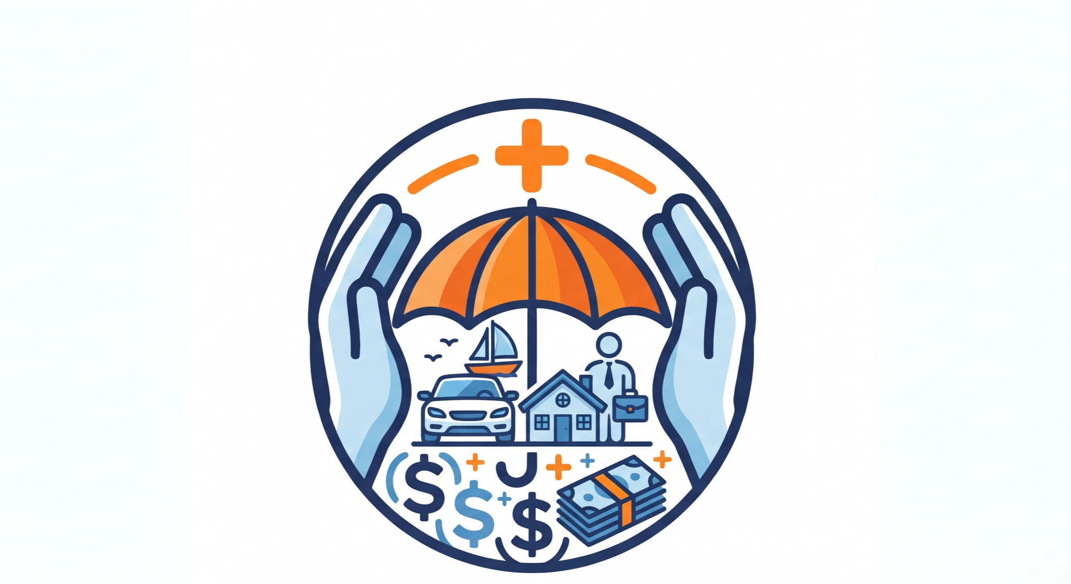 Illustration of two hands protecting a collection of symbols representing money, housing, and transportation, with an umbrella and a smiling person underneath, emphasizing financial protection and insurance.