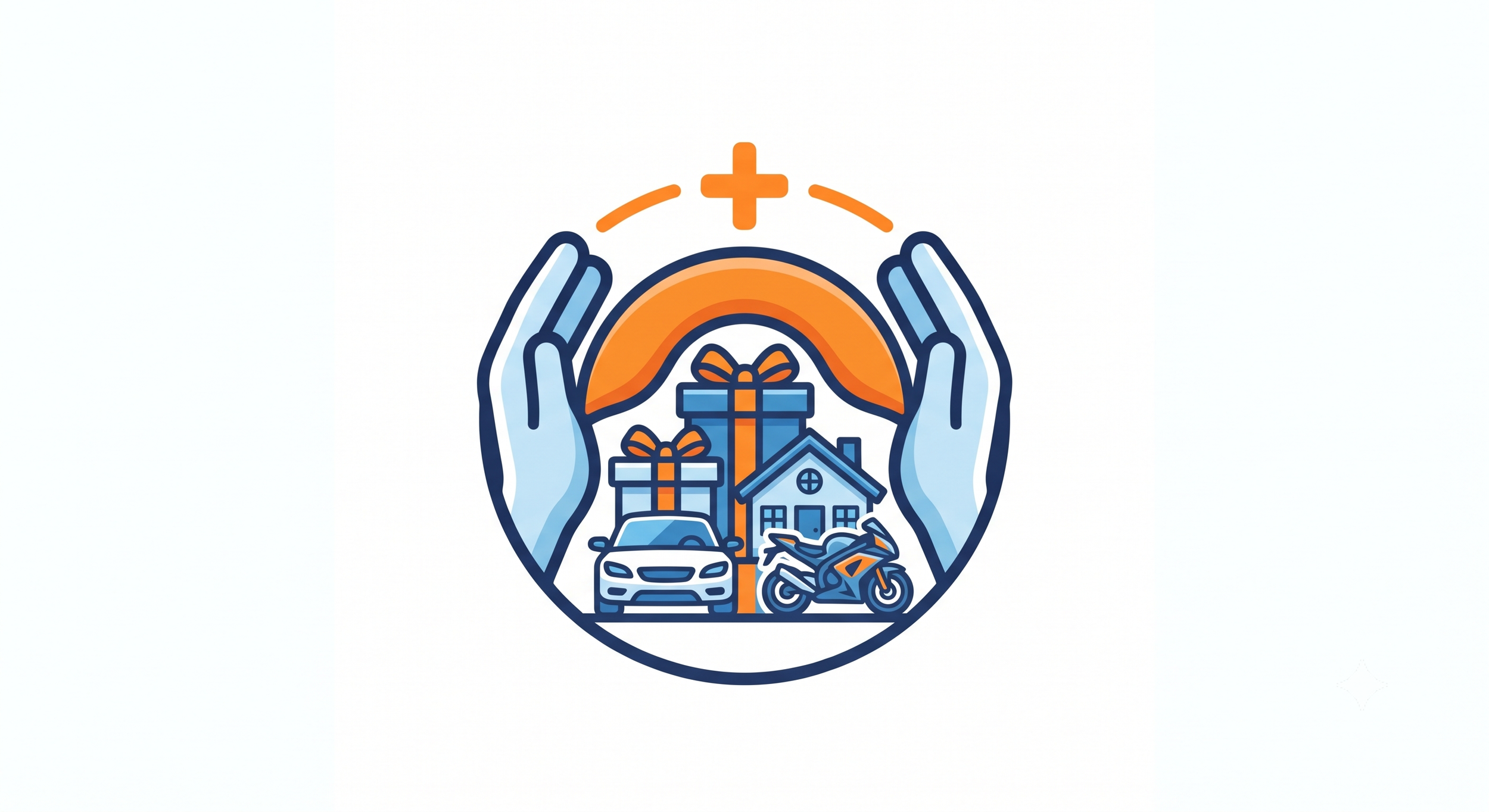 Illustration of hands surrounding a house, a car, a motorcycle, and gift boxes, with a cross above, symbolizing care and protection.