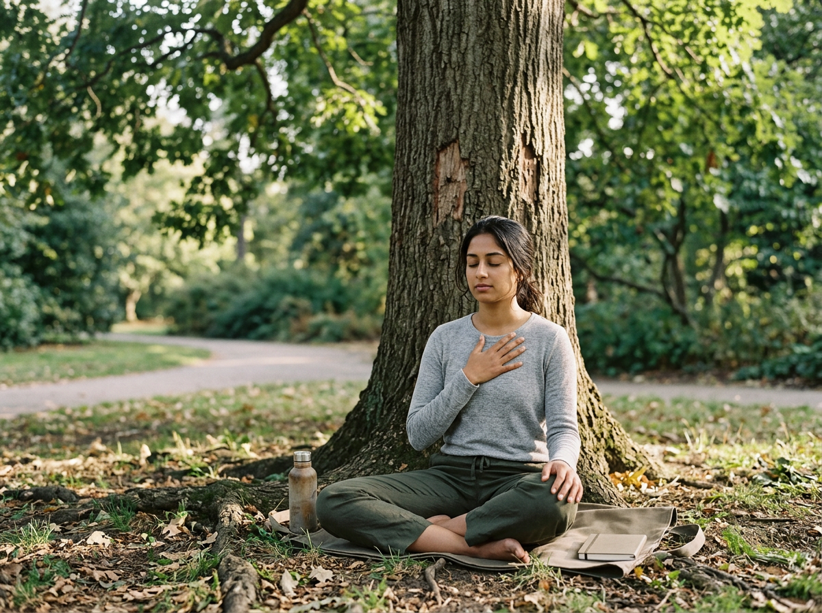 A woman practicing meditation outdoors under a tree in a park.