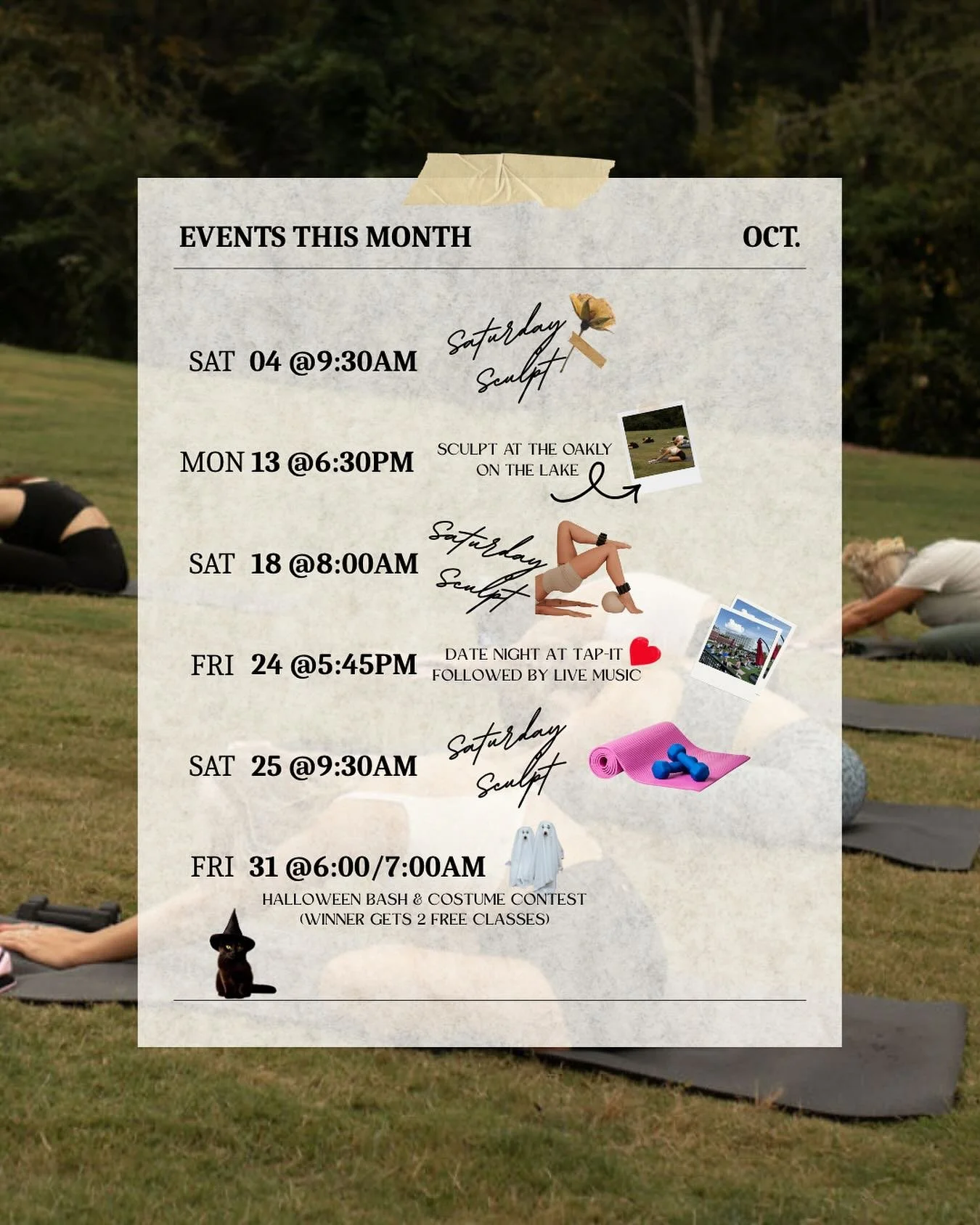 ✨ October at Soma ✨
We&rsquo;ve got a packed month full of sculpt classes, community nights, and a spooky Halloween bash you don&rsquo;t want to miss! 🎃👻

Mark your calendars:
🧘🏼&zwj;♀️Saturday Sculpt on Oct. 4, 18, 25
🌅 Sculpt at The Oakley on 