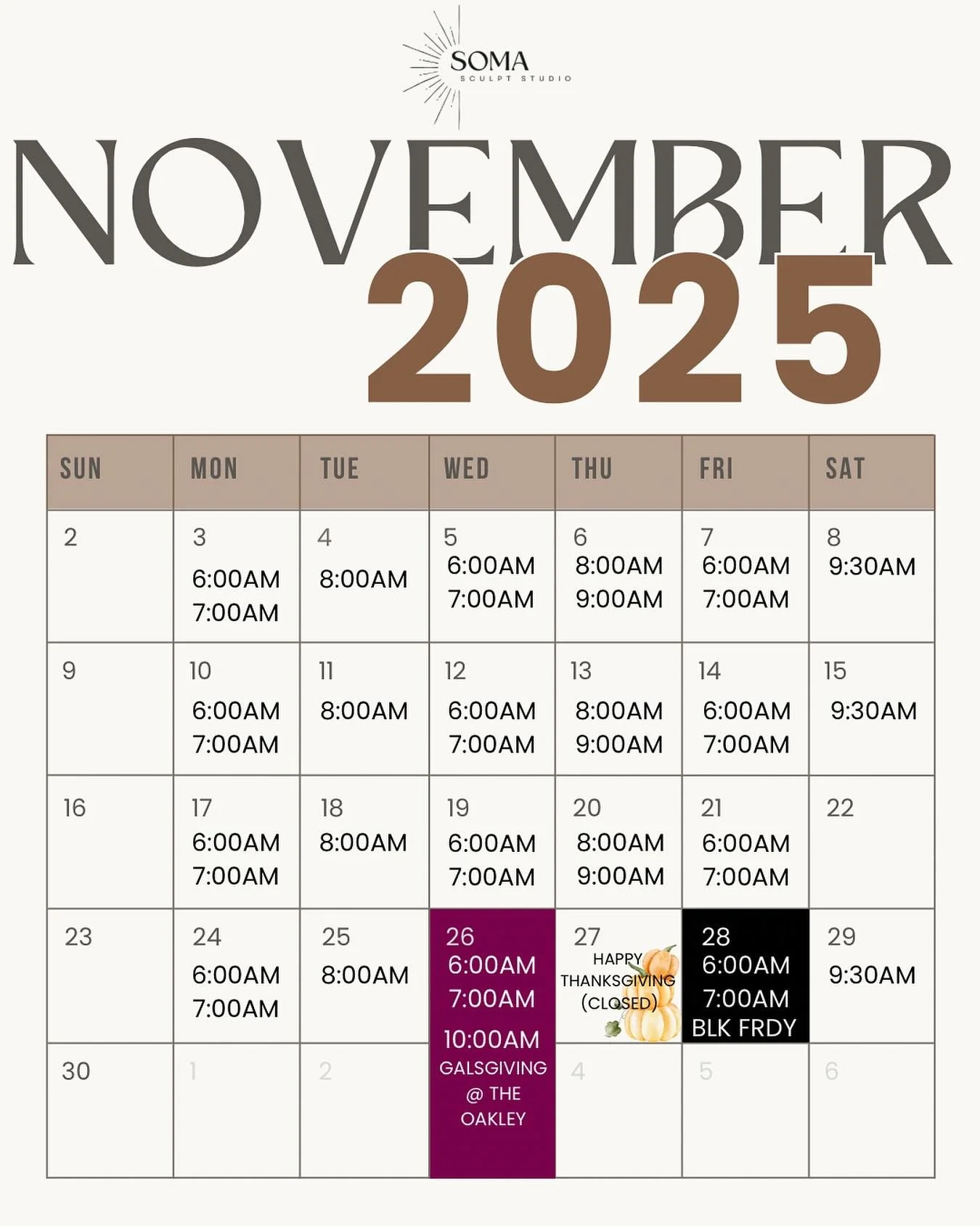 ✨ NOVEMBER SCHEDULE IS LIVE ✨
The holiday hustle is around the corner, so be sure to pre-book your classes — they’ve been filling up fast! 
Mark your calendars for our Gals-Giving Sculpt Event on Tuesday, November 26th 🧘🏼‍♀️🛍️🪩
W