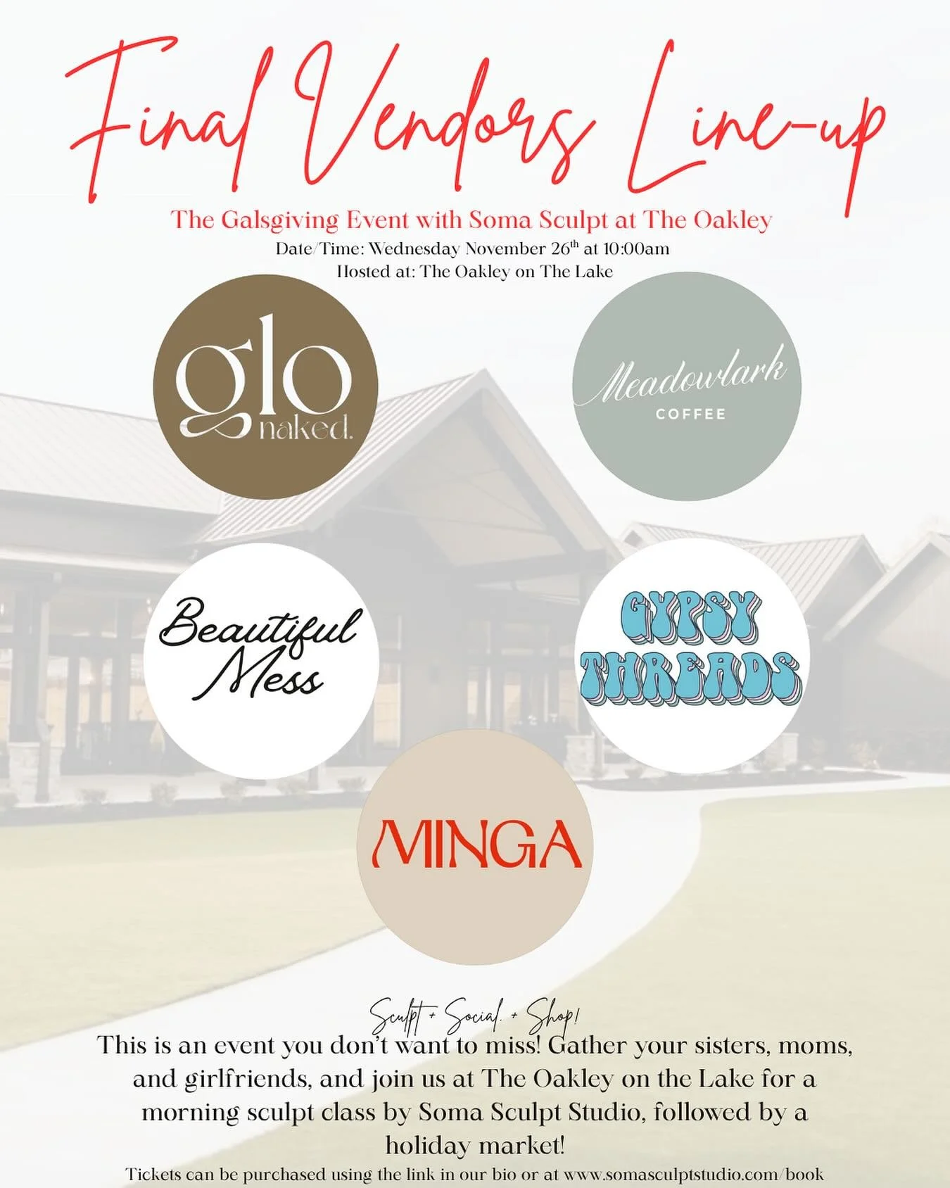 ✨Galsgiving is almost here &mdash; and we&rsquo;re so excited to announce our final lineup for the Post-Sculpt Holiday Market!

After your morning sculpt class with Soma Sculpt Studio, enjoy coffee from Meadowlark Coffee Truck, browse Gypsy Threads B