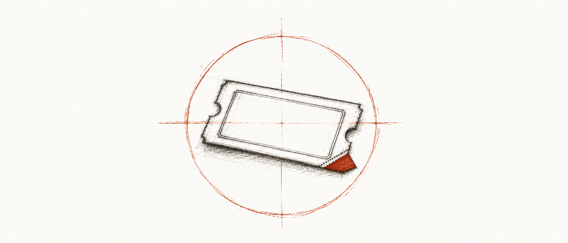 Study sketch of a cinema ticket in dark ink, its torn-off corner in terracotta, with loose terracotta guide lines, a construction circle and fine axes, no text in the image.