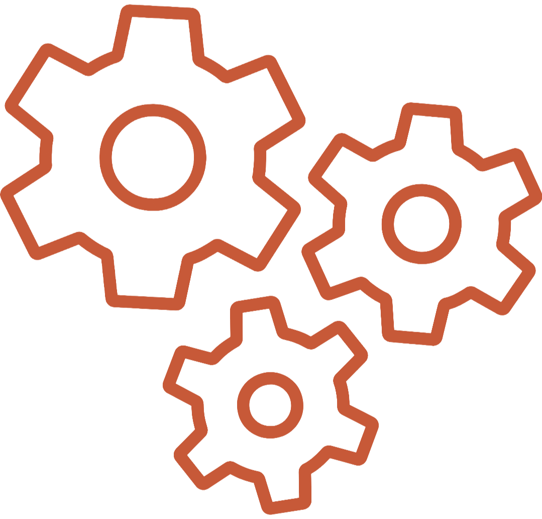 Drei ineinandergreifende Zahnräder in Terracotta
