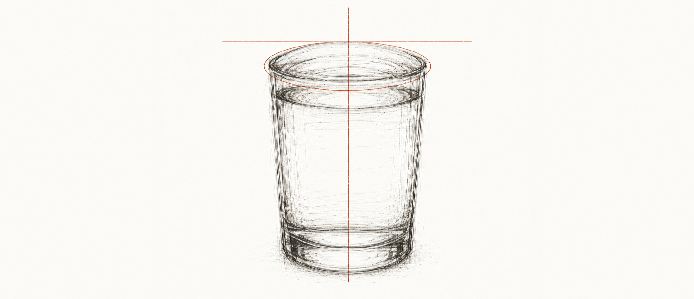 A pen study sketch of a drinking glass filled almost to the brim, overlaid with terracotta construction lines, a vertical axis, a crosshair and an ellipse marking the water's surface at the rim.