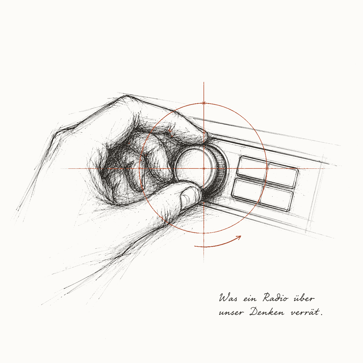 Skizze einer Hand, die das Autoradio leiser dreht. Schwarz weiß mit Akzenten in Terracotta