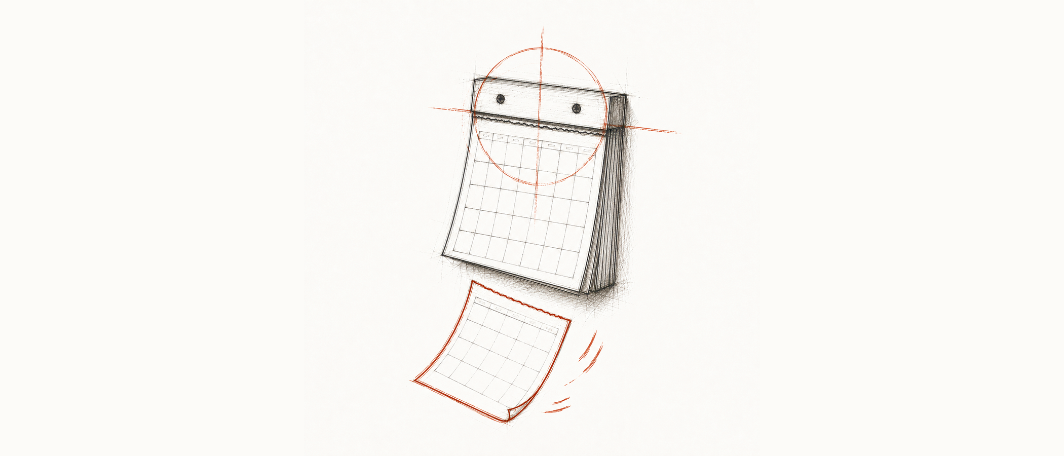 A sketch in dark ink of a tear-off calendar, from which a blank calendar page is just falling away downwards
