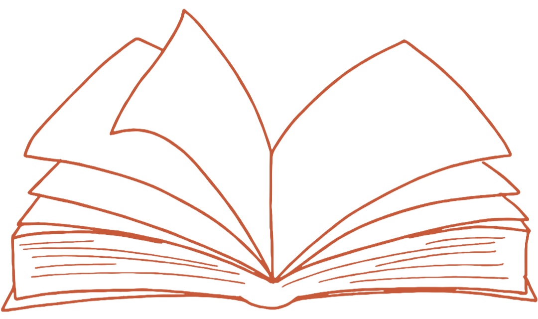 Linienzeichnung eines aufgeschlagenen Buchs in Terracotta