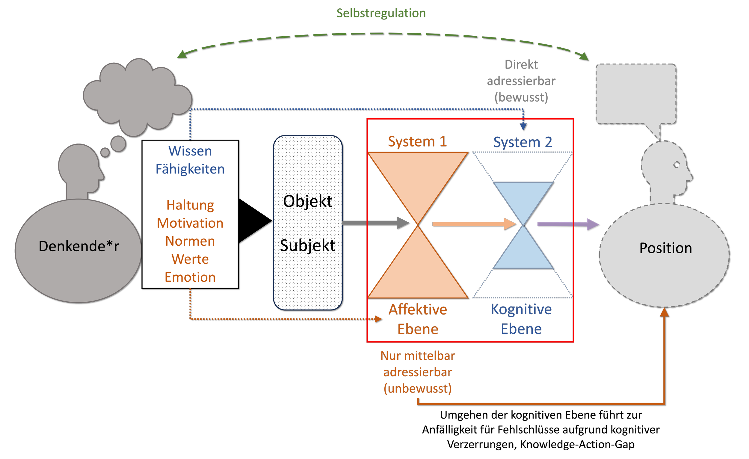 Dual-Process Model of Critical Thinking (DP-CT): Darstellung des Denkprozesses zwischen affektiver und kognitiver Ebene, mit Selbstregulation als übergeordneter Rückkopplungsschleife zur denkenden Person.