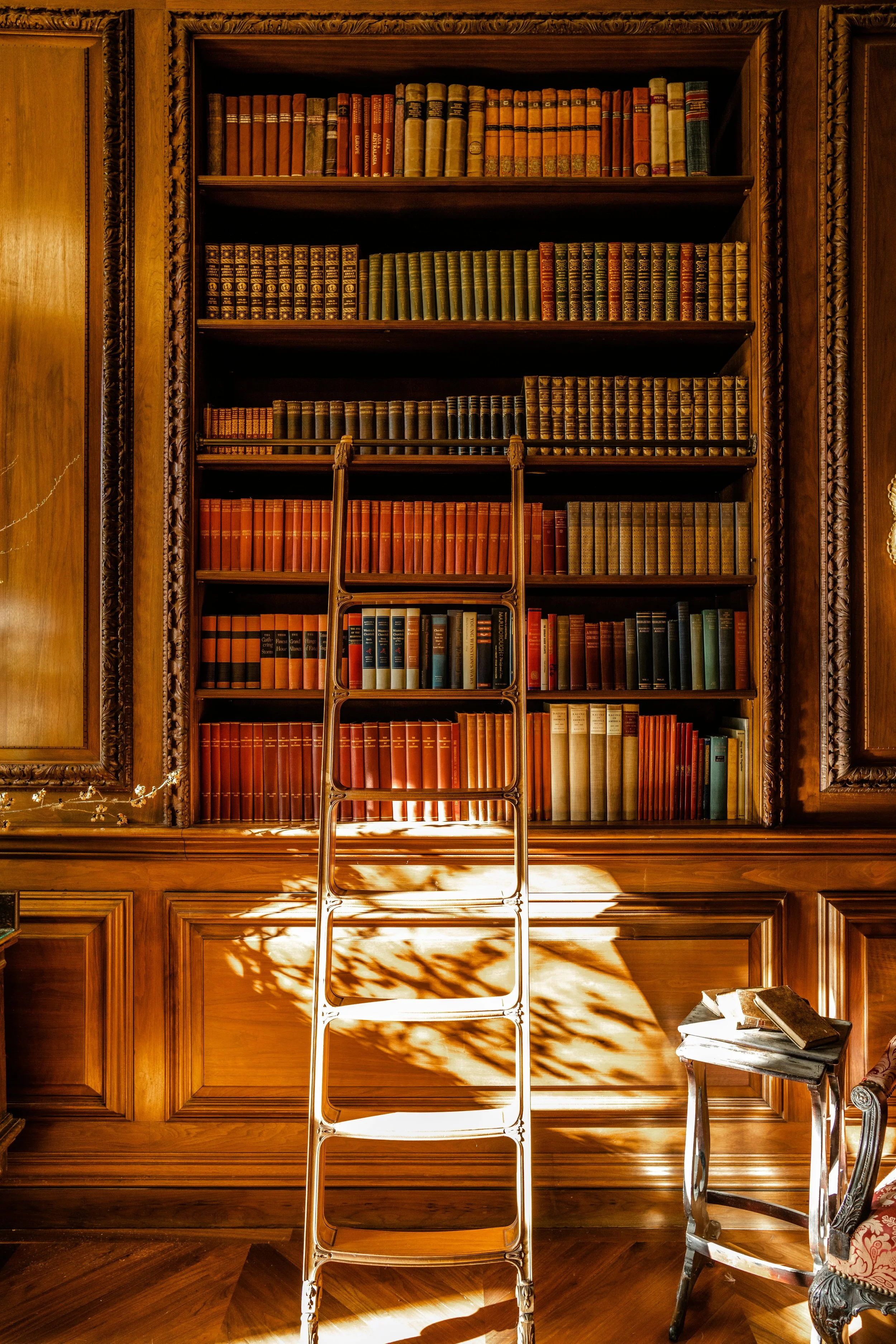 Historisches Bücherregal mit Leiter in warmem Sonnenlicht.