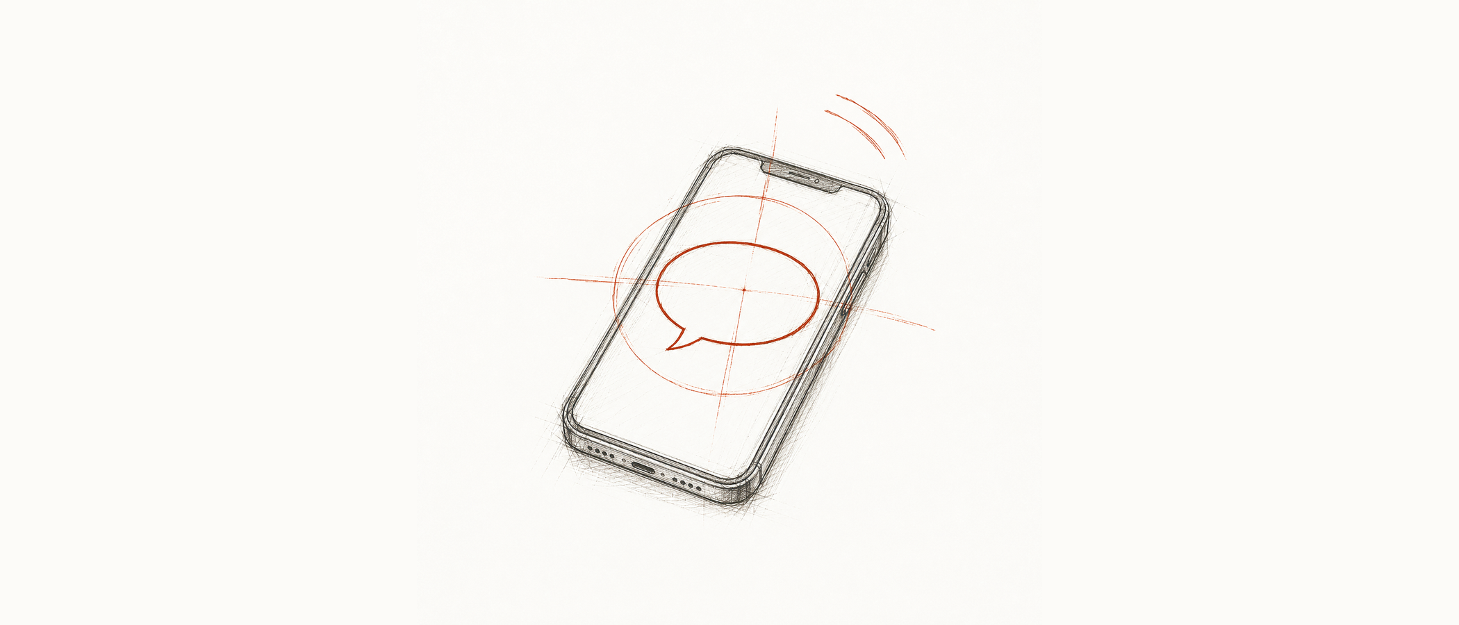A sketch of a smartphone in dark ink; on the screen, an empty speech bubble with a terracotta-coloured outline, accompanied by loose terracotta-coloured guide lines, a construction circle and fine axes; no text in the image.