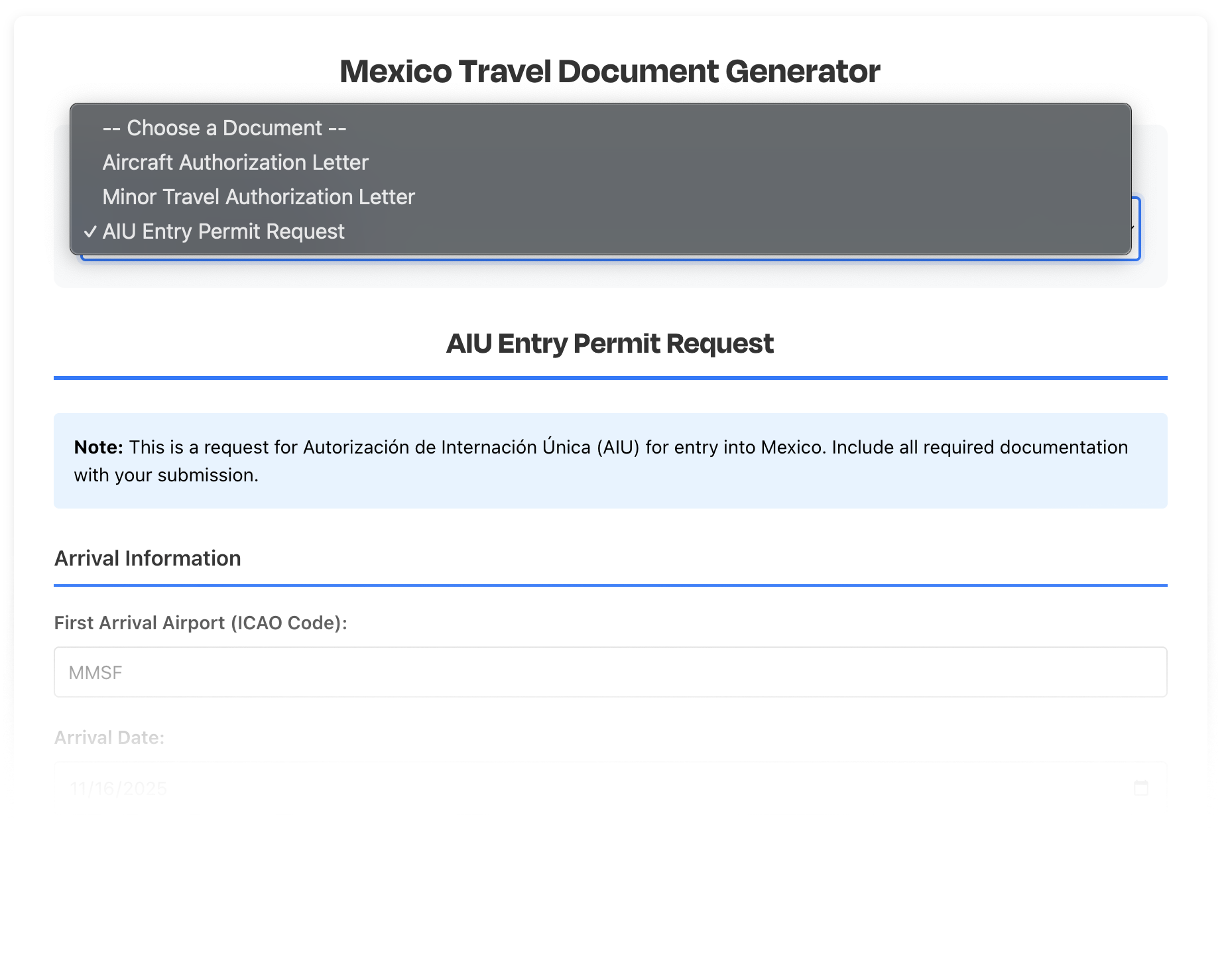 Screenshot of a Mexico Travel Document Generator webpage showing dropdown menu with options for different types of travel documents, and a form for AIU entry permit request with fields for airport code and arrival date.