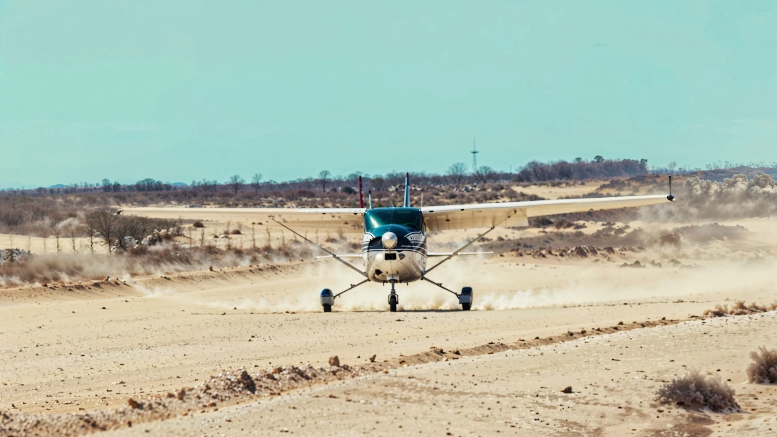 Small airplane taking off from a sandy desert runway, kicking up dust and sand.