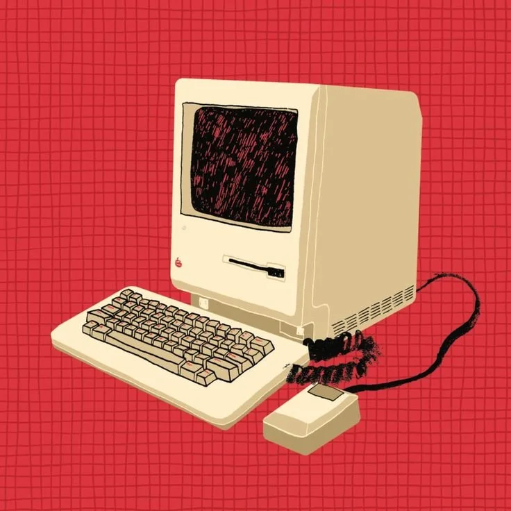 Illustration of an Apple Macintosh 128K Personal Computer against a red checked backdrop.