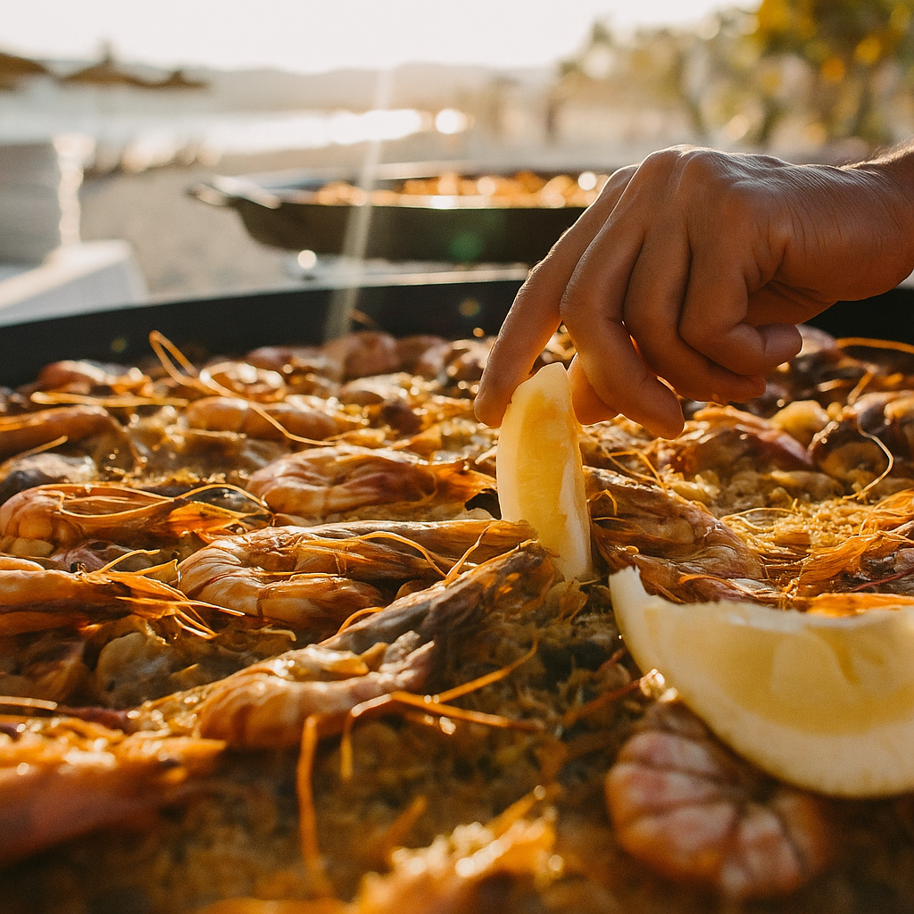 Person adding lemon wedges to a large tray of cooked shrimp at an outdoor seafood meal, with a blurred background of a beach and sunset.