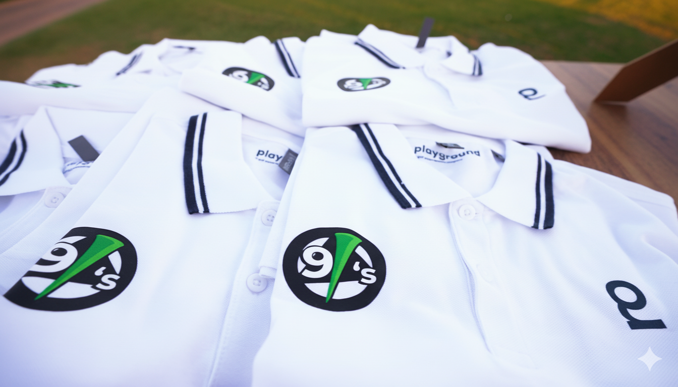 Multiple white sports jerseys with black and green logos and black striped collars laid on a table outside.