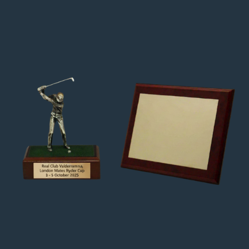 Golf trophy featuring a male golfer in mid-swing; plaque reads "Real Club Valderrama, London Mates Ryder Cup, 3-5 October 2025"; empty picture frame beside the trophy.