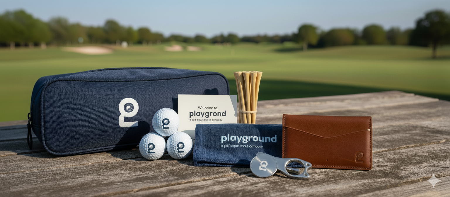Golf accessories on a wooden table on a golf course, including golf balls, a golf tee, a towel, a pouch, a card, a leather wallet, and a bottle opener.