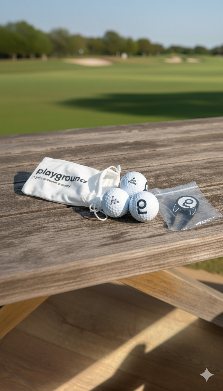Golf balls and a drawstring pouch with the word 'playground' on it placed on a wooden surface at a golf course.