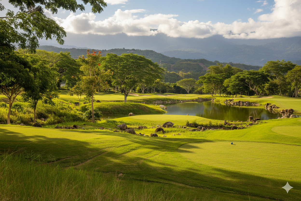 Scenic view of a golf course with well-maintained green grass, trees, a water hazard, and mountains in the background under a partly cloudy sky.