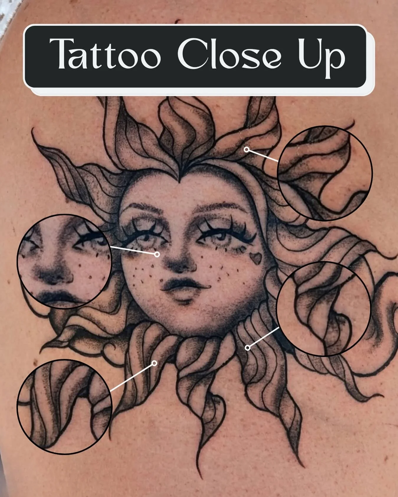 There&rsquo;s something powerful about the details you only catch up close&mdash;the softness in her eyes, the flow of each sunray, the way the shading brings her to life. 🌞✨ 

This sun goddess carries both fire and grace, a reminder that tattoos ar