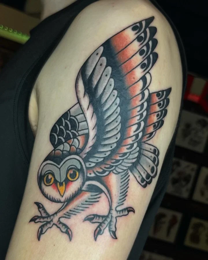 Bold American traditional owl&mdash;built on strong lines, heavy contrast, and timeless symbolism. 

A watchful presence in ink: wisdom, mystery, and the quiet power of seeing through the dark.

Owl by Ash! @tuesdaytats 

 #seattletattooartist #tatto