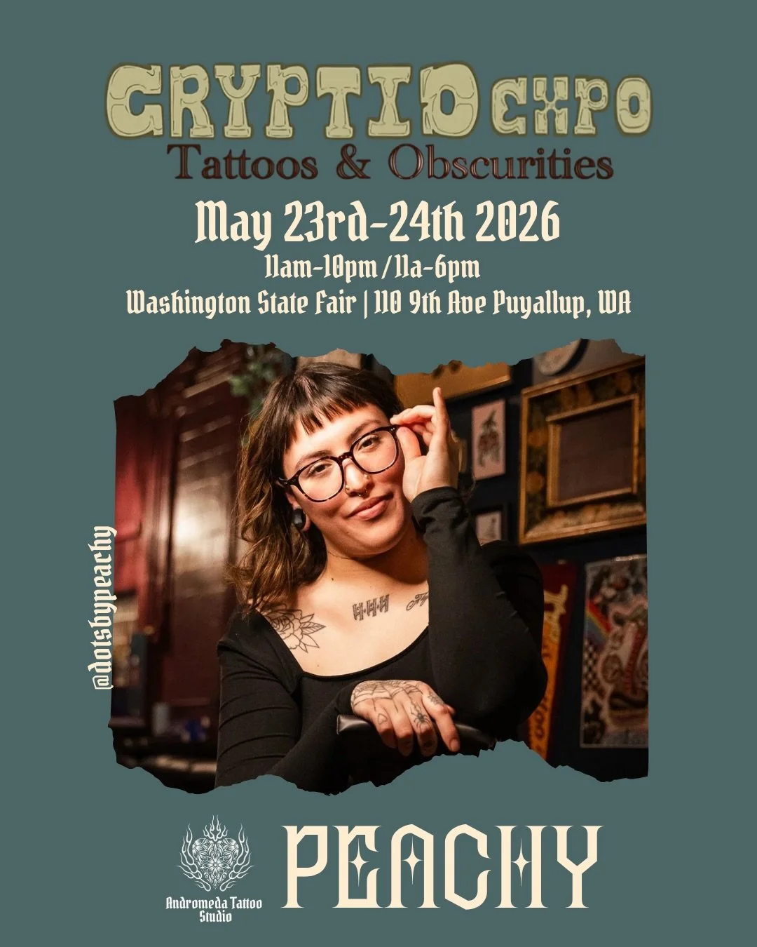 ⚔️ ANDROMEDA IS HEADING TO CRYPTID ⚔️

Catch the Andromeda crew at Cryptid: Tattoos &amp; Obscurities on May 23rd&ndash;24th at the Washington State Fairgrounds in Puyallup, WA 🕯️✨

Our artists will be tattooing all weekend with custom work, flash, 