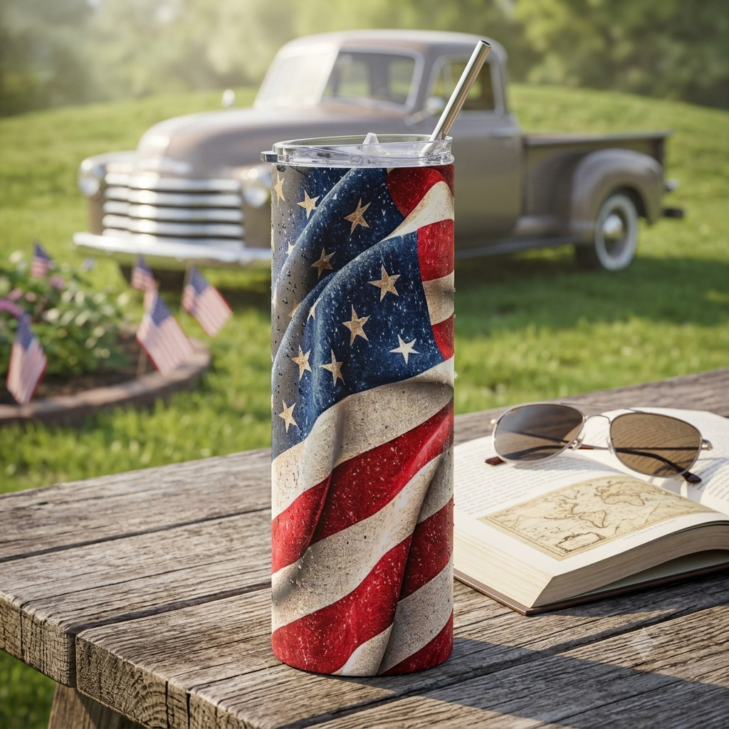A tumbler with an American flag design on a wooden table, with sunglasses and an open book beside it, in front of a vintage black truck and a garden with small American flags.
