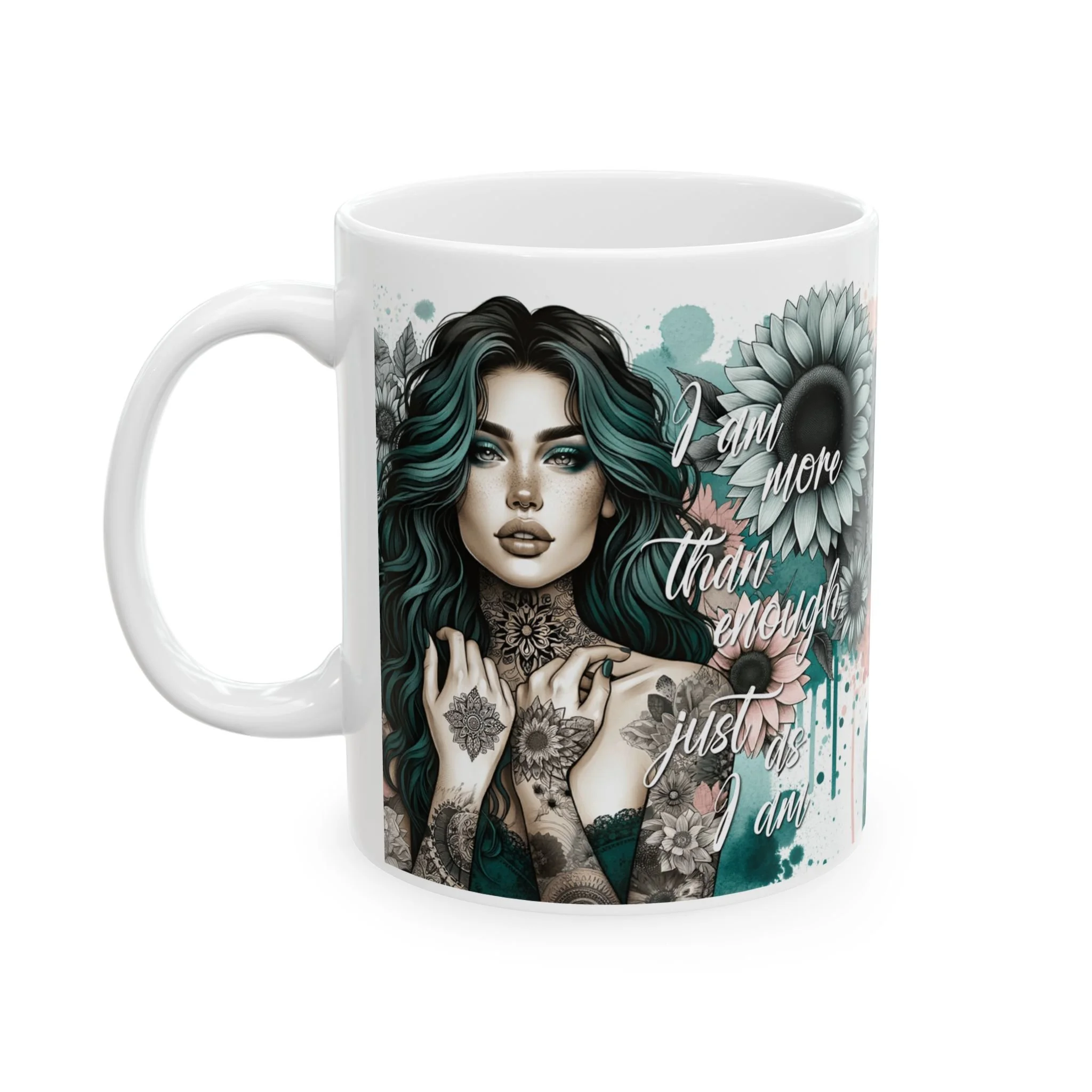 Gothic Sunflower Ceramic Mug — Teal-Haired Woman Illustration, 11oz & 15oz