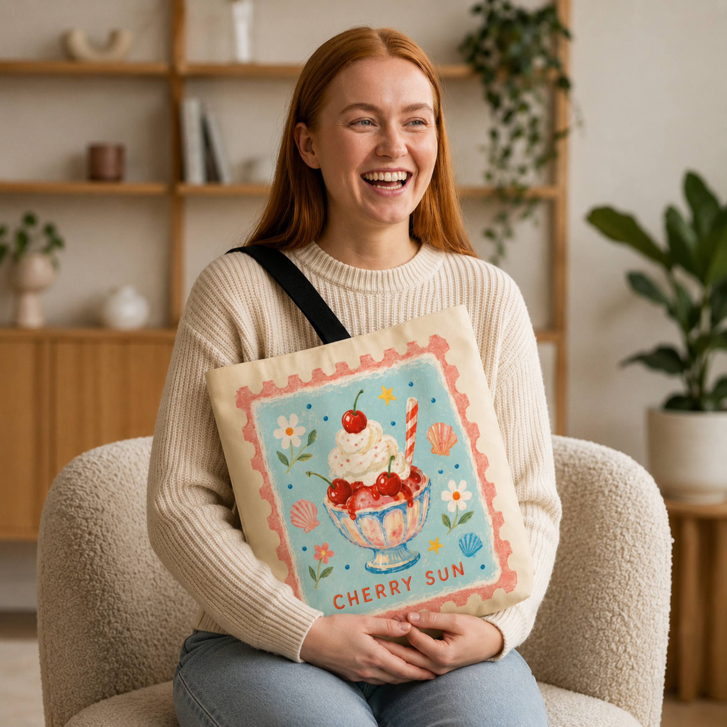 A woman with red hair wearing a cream-colored sweater, sitting on a beige armchair, holding a colorful canvas with a dessert illustration, in a room with wooden shelves and green plants.