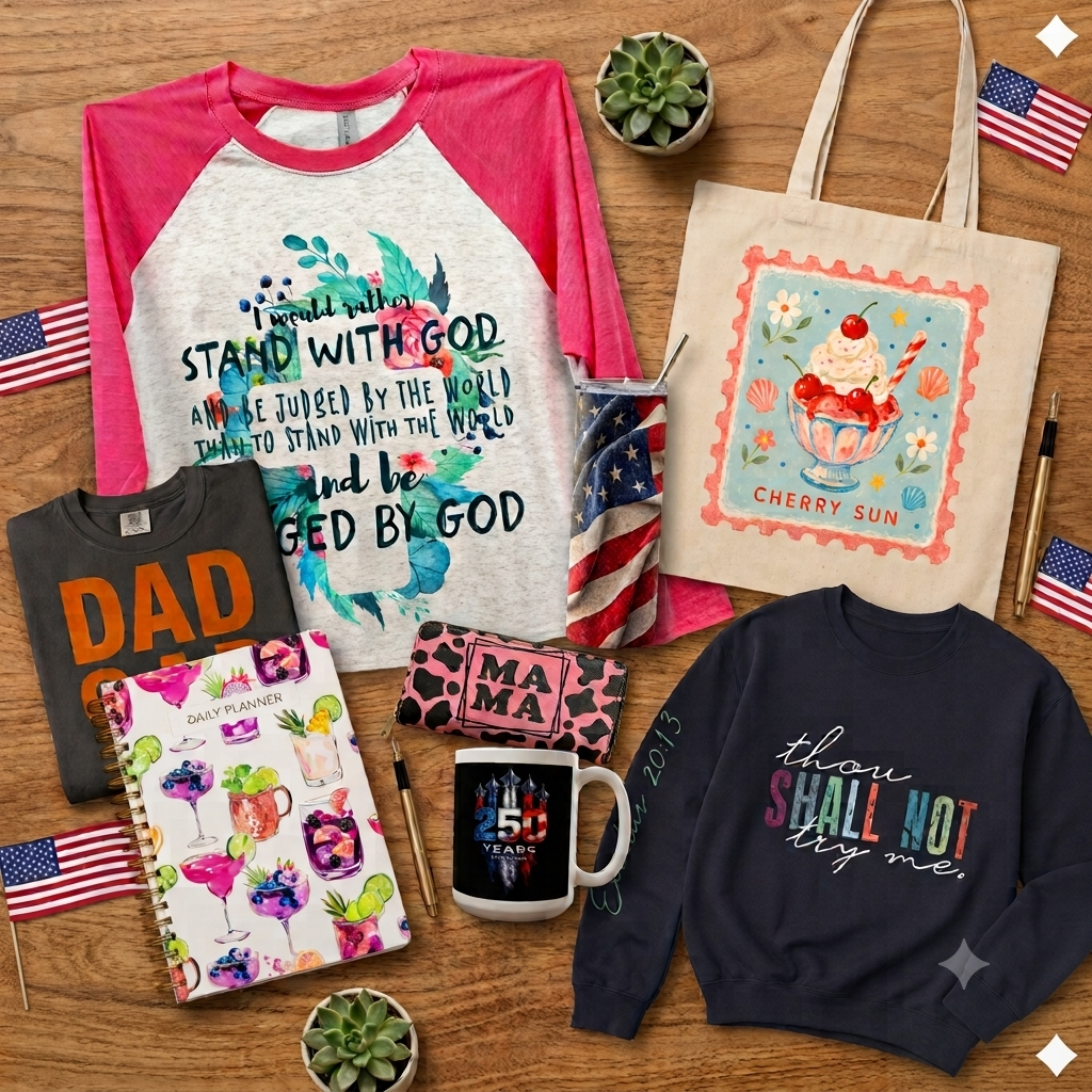 Display of patriotic-themed items including a sofa shirt, a dark gray shirt, a hoodie, a beverage planner, a reusable cup, a mug, a tote bag with a cherry sundae, small American flags, and some small potted succulents on a wooden table.