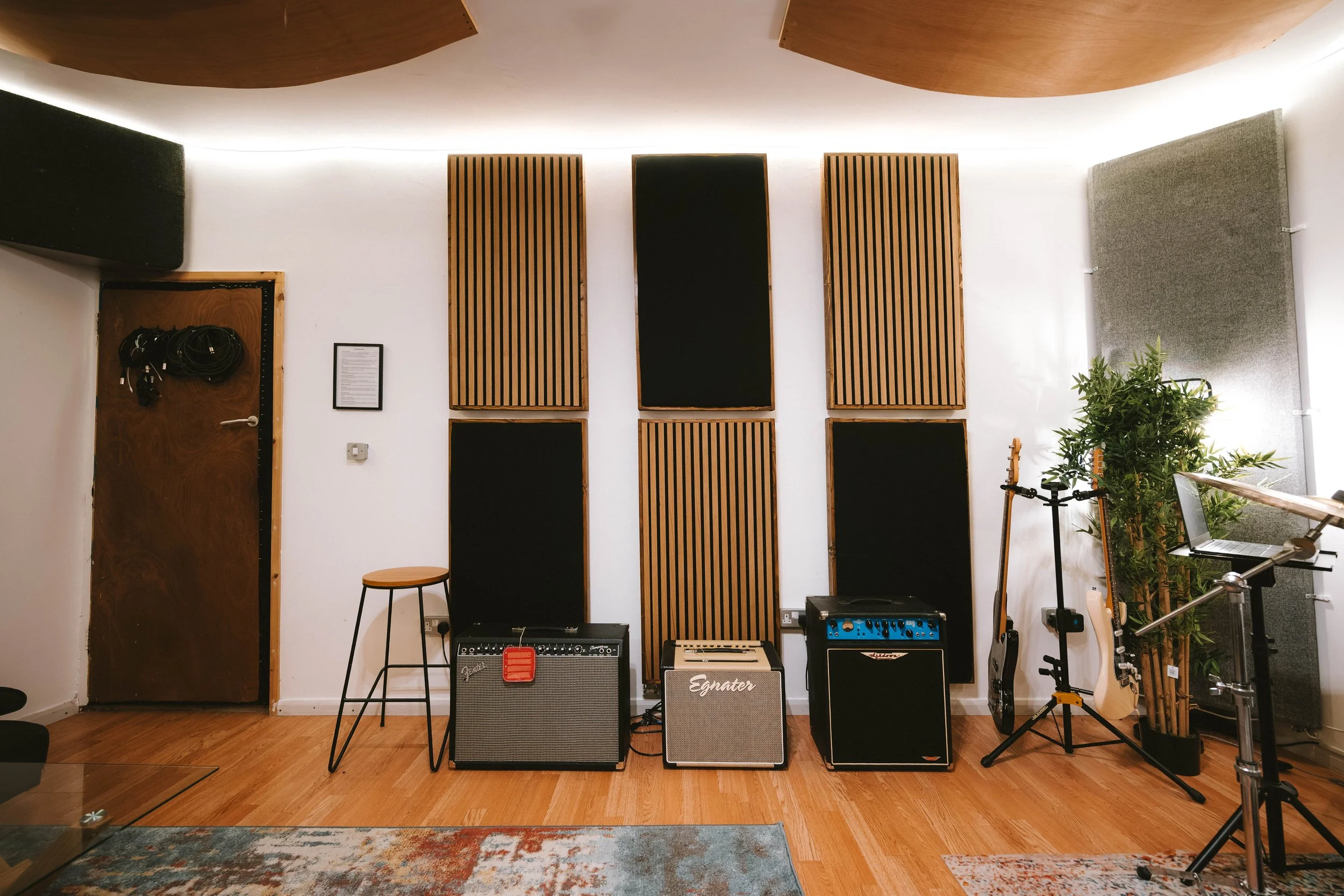 Music studio with acoustic panels, instruments, amplifiers, and a laptop on a stand near a tall plant.