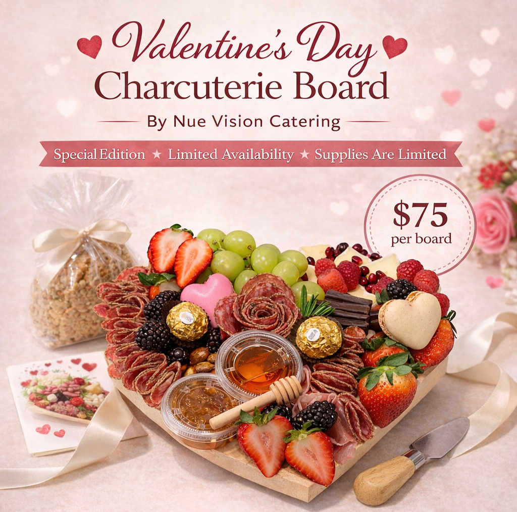 Valentine's Day charcuterie board with strawberries, grapes, assorted candies, honey jar, and crackers, priced at $75 per board for a limited edition with limited supply.