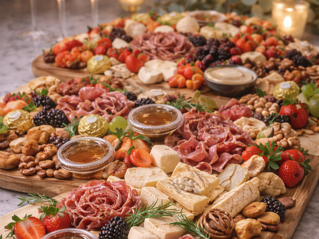 Charcuterie board with various cheeses, cured meats, strawberries, blackberries, grapes, nuts, and honey jars.
