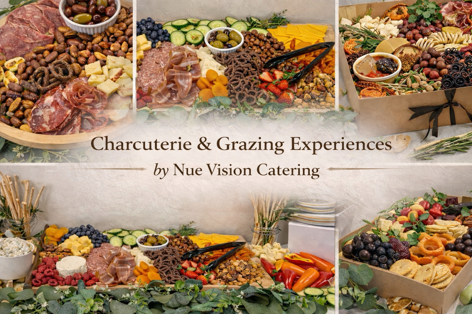 Image of charcuterie and grazing boards with meats, cheeses, fruits, nuts, olives, and crackers, along with a gift box of assorted snacks, all arranged on a table with greenery and a sign for niche catering experiences.