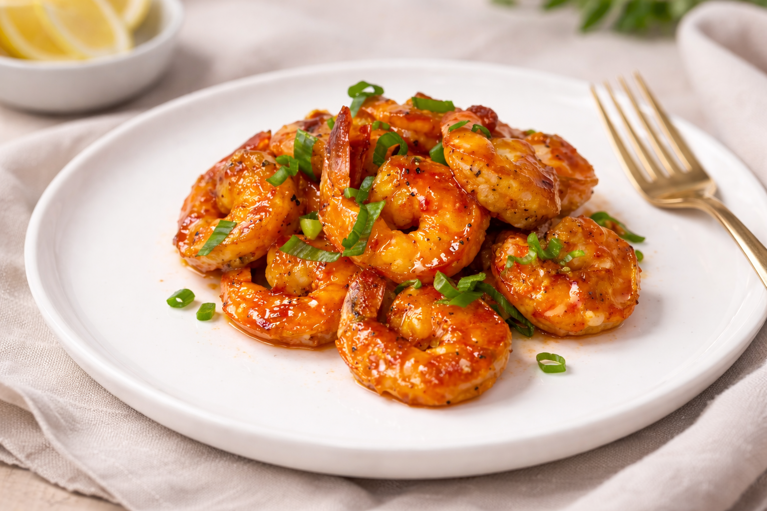 Plate of cooked shrimp garnished with chopped green onions, served with lemon wedges in the background.