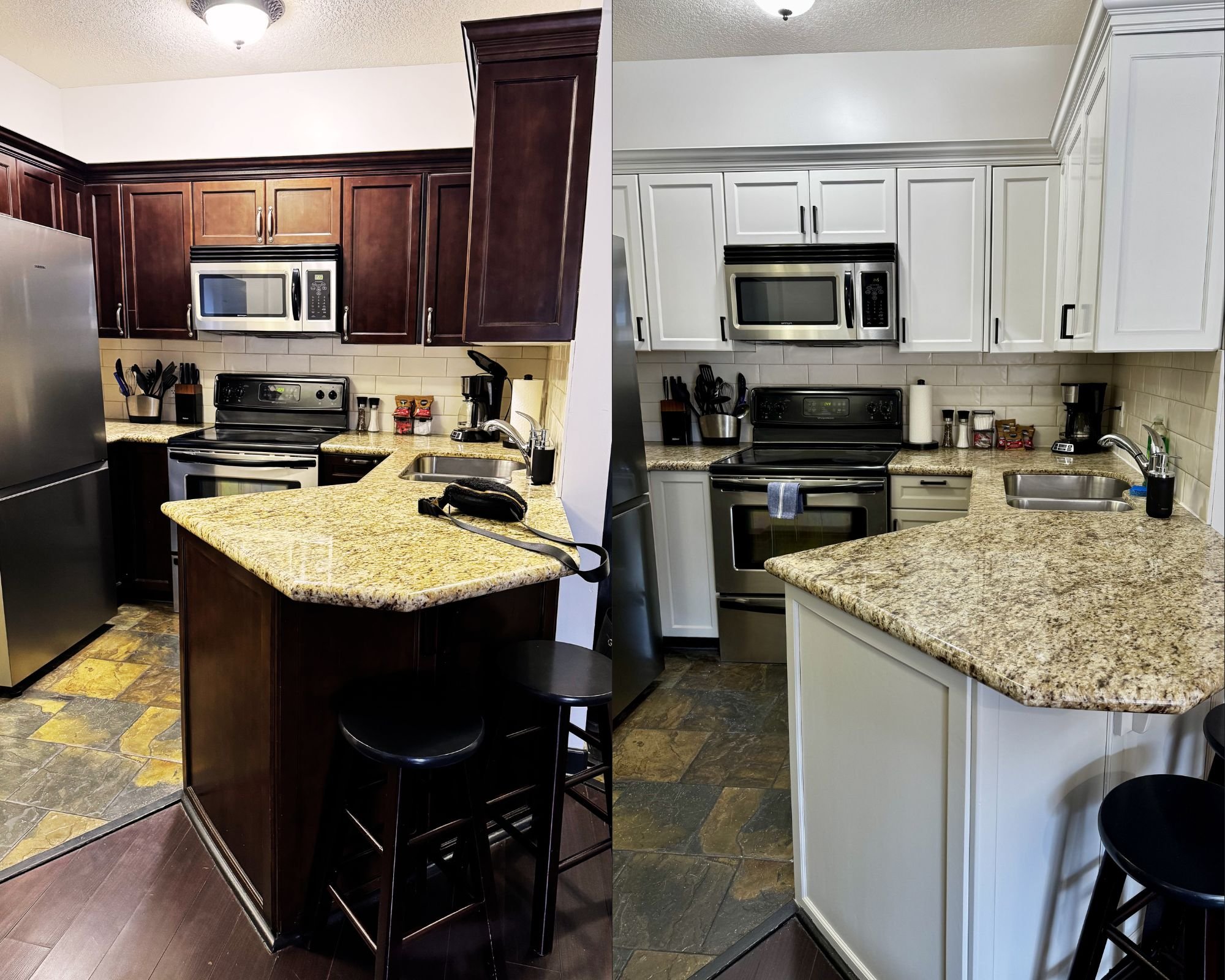 Before and after kitchen cabinet refinishing in Canmore, Alberta, by Final Coat Painting Inc.