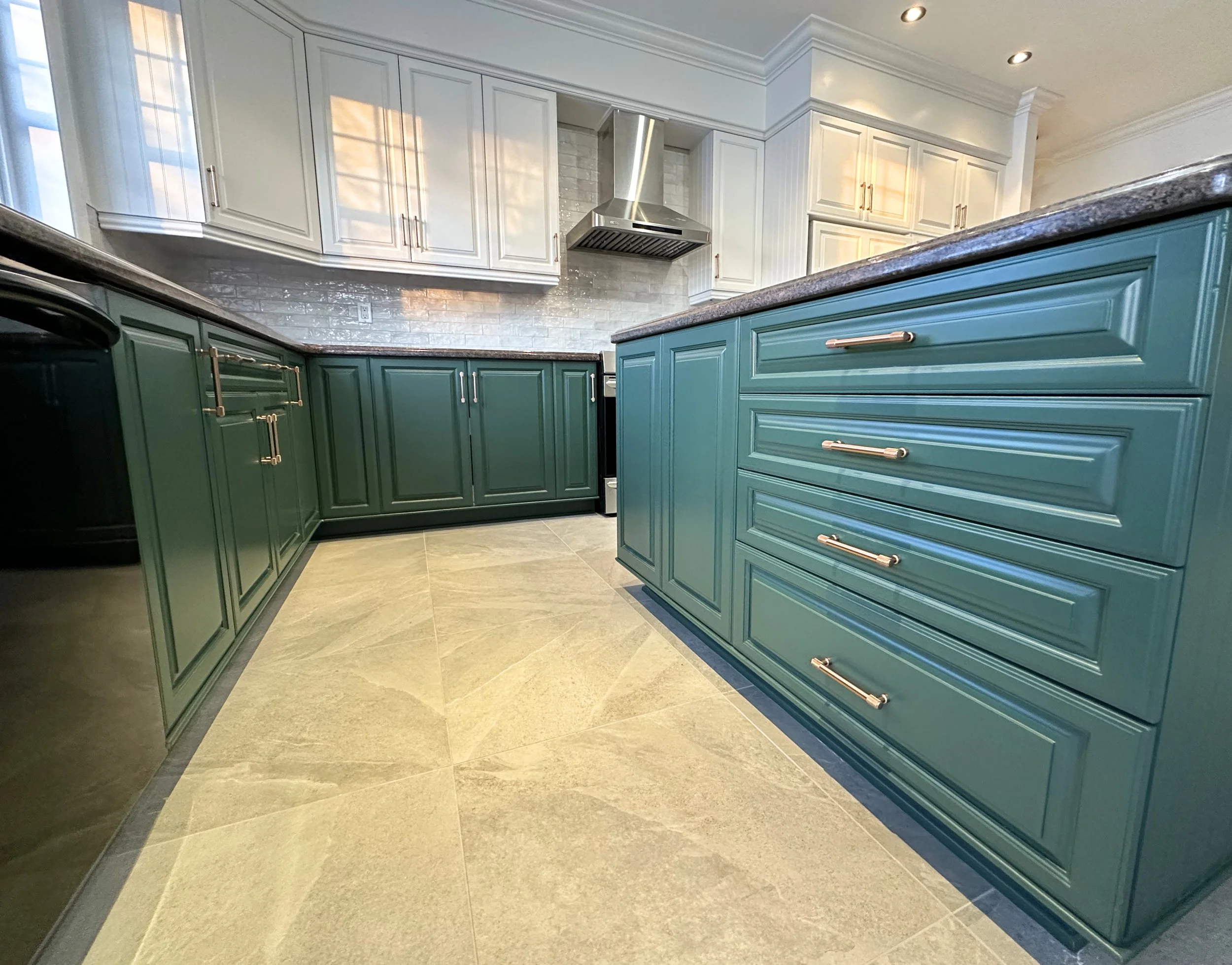Green kitchen cabinet refinishing project, Canmore Alberta