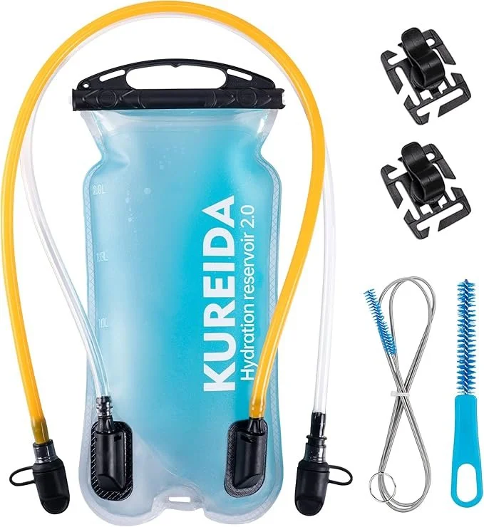 Hydration bladder with two straws, two clips, a cleaning brush, and a bottle opener.
