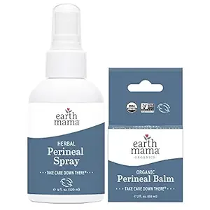 Earth Mama herbal perineal spray and perineal balm in white containers with blue labels.