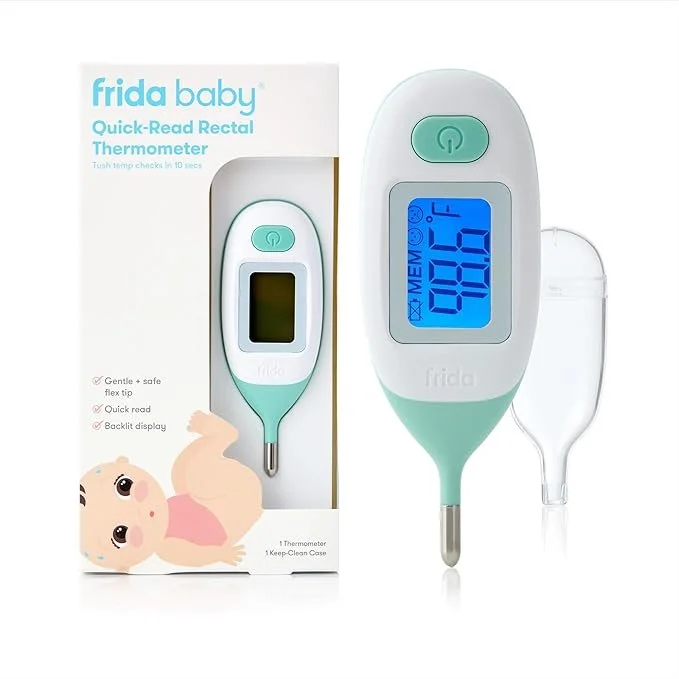 A Frida Baby Quick-Read Rectal Thermometer with a backlit display, packaged in a box featuring an illustration of a baby, and showing the thermometer alongside its protective cover.