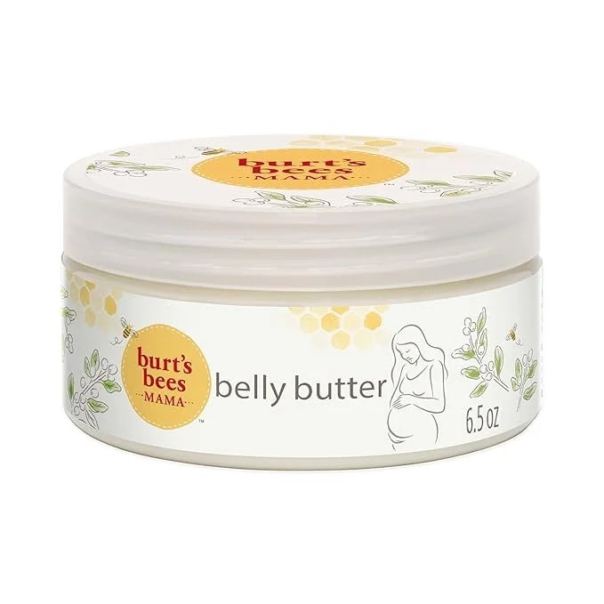A container of Burt's Bees Mama Belly Butter with honeycomb and bee illustrations, and a line drawing of a pregnant woman on the label.