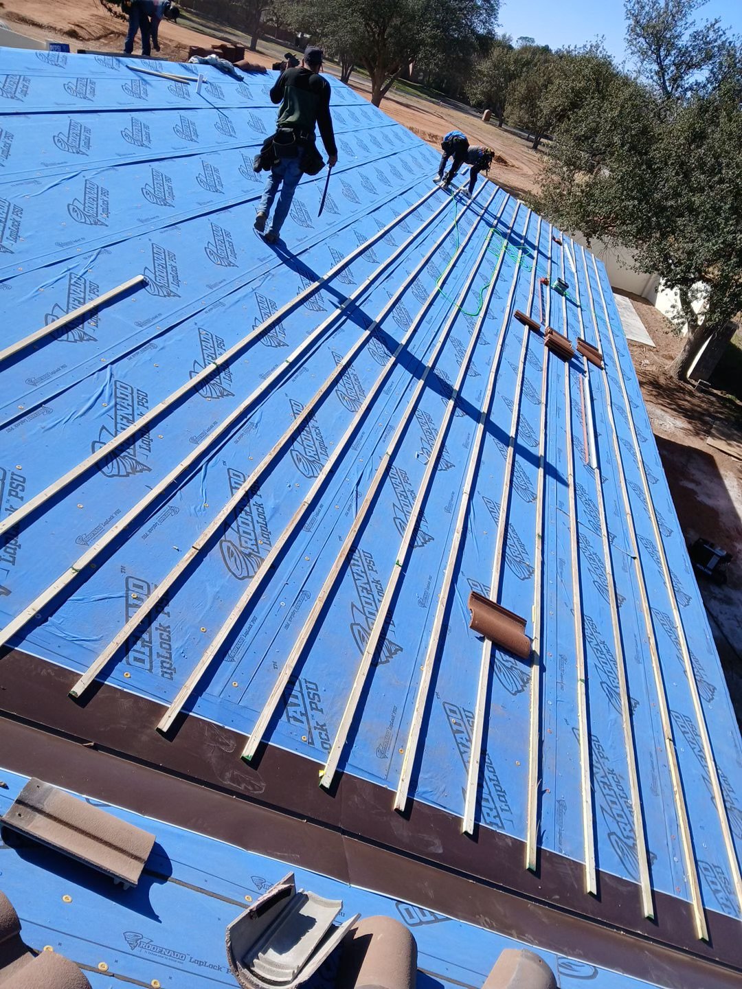 Workers installing a new roof with blue underlayment and wooden battens on a building, surrounded by trees.
